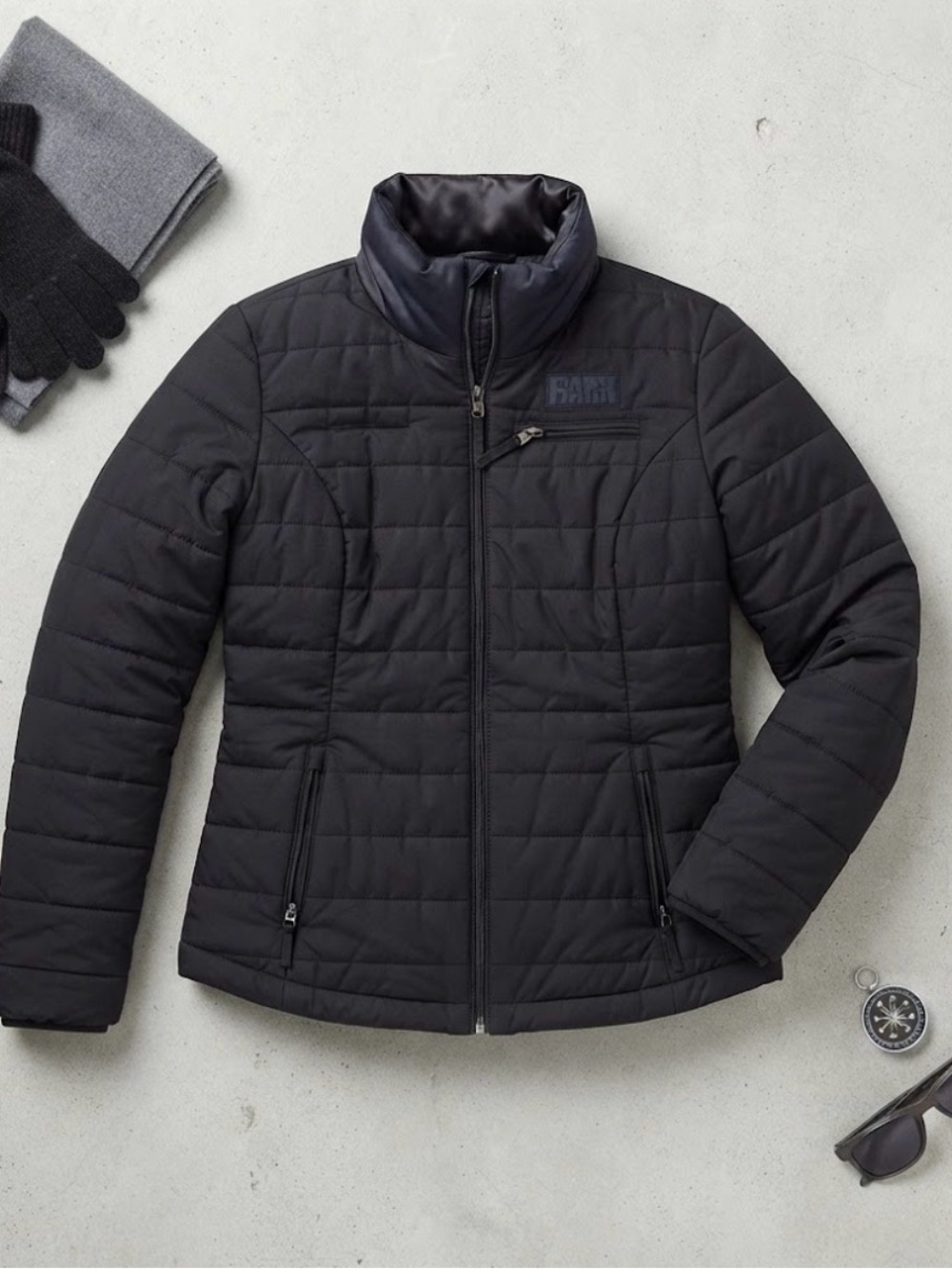 Black Puffer Jacket with Stand-Up Collar and Quilted Design - Picture 2 of 7